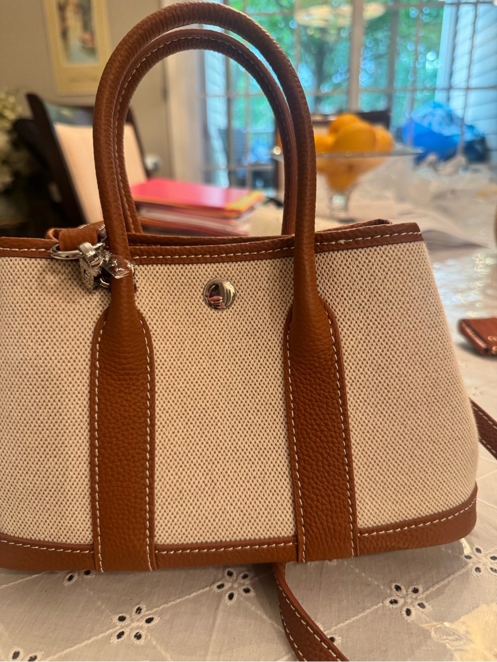 Tiffany & Fred Cream Canvas Mini Tote with Brown Leather Trim